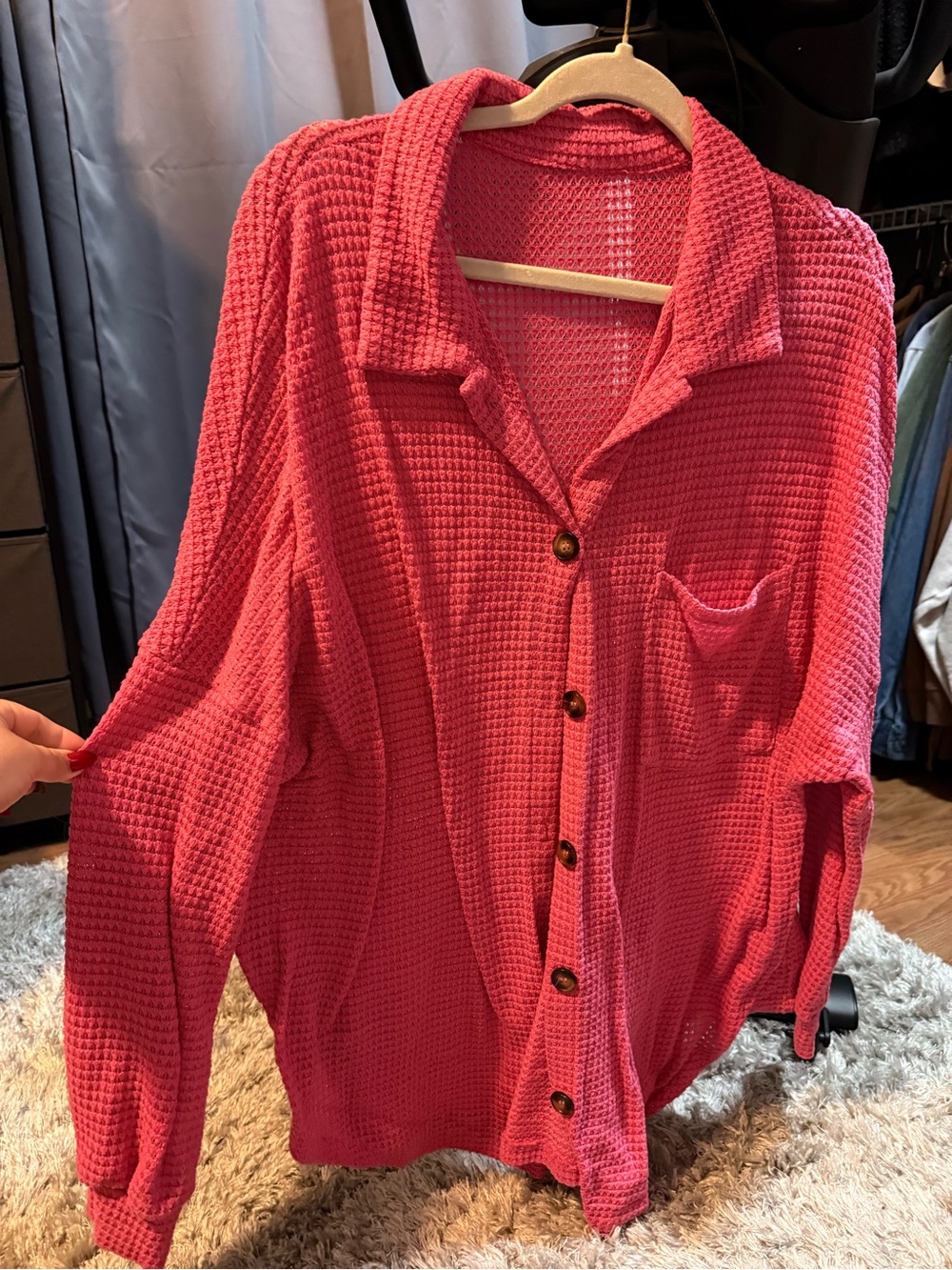 Women’s Relaxed Waffle Knit Button-Up Shirt - Pink